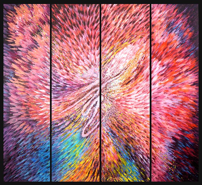 The bloom of life，four linked paintings. Each one: 180cm high, 45cm wide.