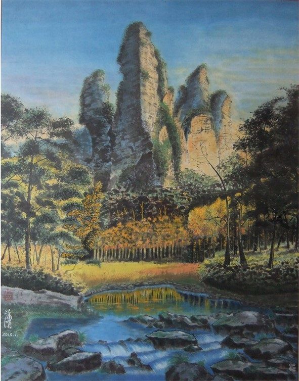 Zhang Jia Jie (the must-see scenic area in China, designated as a UNESCO World Heritage in 1992). Landscape painting was esteemed high through decades in the ancient Chinese art history and is still regarded as the highest form of Chinese painting now. The Mountains and rivers have always been appreciated for their visual and inspirational splendor based on the Chinese cultural practices. This painting featuring Zhang Jia Jie, belongs to a typical Feng Shui class painting: Lotus Mountain, looks like a sword pointing toward the blue sky, high and magnificent, with crystal fresh springs flowing endlessly. Pu Wei brings out the gorgeous mountain landscape by Color of Surupa painting techniques.