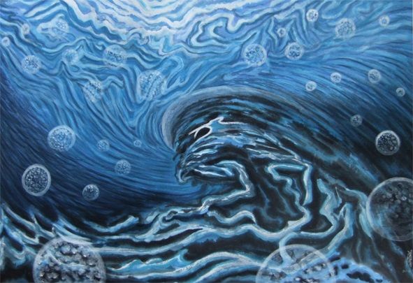 《阿修罗护法神鹰》：这是一幅讲述佛法故事的画。海底巨浪、神鹰、麋鹿、海豚、狮子吼、梵文经咒、灵体、明点…….，画面里有观音玄光与太极旋的结构，是大宇宙与小宇宙的内外呼应，是宏观世界与微观世界的相互吻合。
